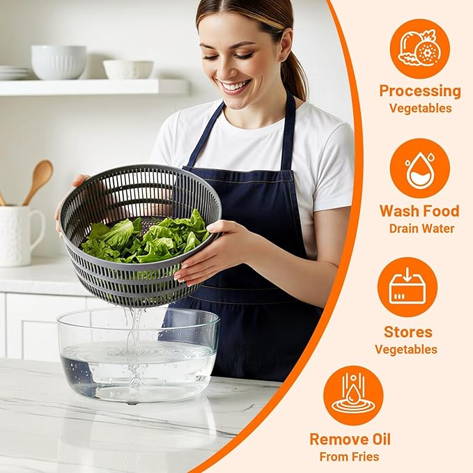 HomeHacks Salad Spinner Large Lettuce Spinner, Large Fruit Cleaner with Double Drainage Holes, 5 Chopping Blades, High Efficiency for Kitchen Washing & Drying Leafy Vegetables, Easy Press (Grey)