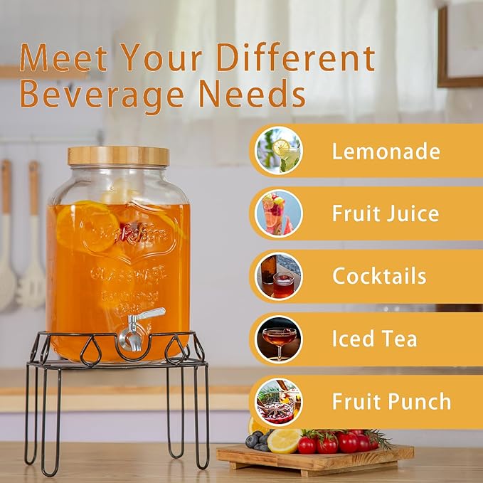 2 Gallon Glass Drink Dispenser with Stand and Bamboo Lid, Lemonade Dispenser with Stainless Steel Spigot, Glass Beverage Dispenser for Parties, Weddings, Kombucha, BBQ