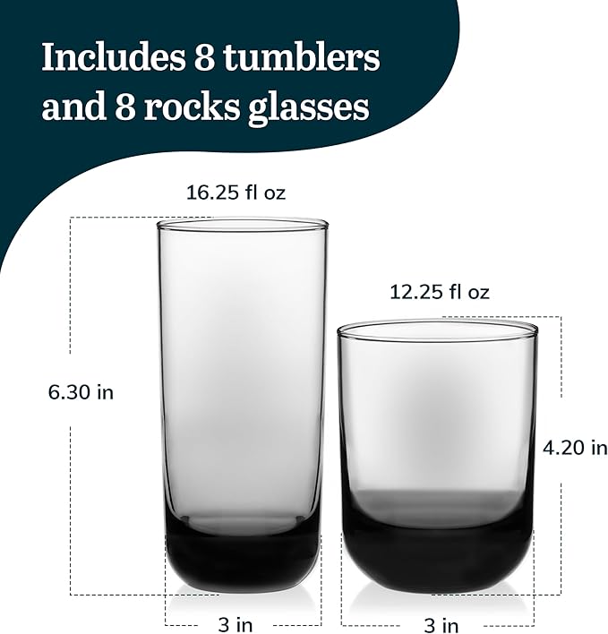 Libbey Polaris Tumbler and Rocks Glass Cups Set, Smoke Hue Mixed Drink Glasses with Straight Lines, Lead-Free, Drinkware Set of 16 for all Beverages