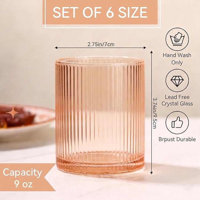 Physkoa Peach Ribbed Drinking Glasses Set of 6 – 9oz Vintage Peach Glassware, Embossed Ribbed Tumbler Cups for Juice, Water, Iced Coffee, Cocktail