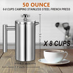 Large French Press Coffee Maker 50oz (1.5L), 304 Stainless Steel Double Wall Insulated Coffee Press for Camping, Backpacking, Party, Travel, Gift Set, Dishwasher Safe (Silver, 6-8 Cups)