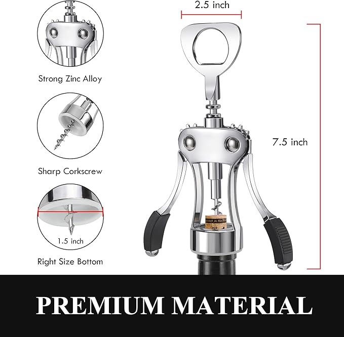 KORCCI Wine Opener, Heavy-Duty Zinc Alloy Wing Corkscrew, Premium Beer Bottle Opener, Multifunctional Wine Accessories with Ergonomic Handle and Sharp Screw, for Kitchen, Bar, Restaurant (SILVER)