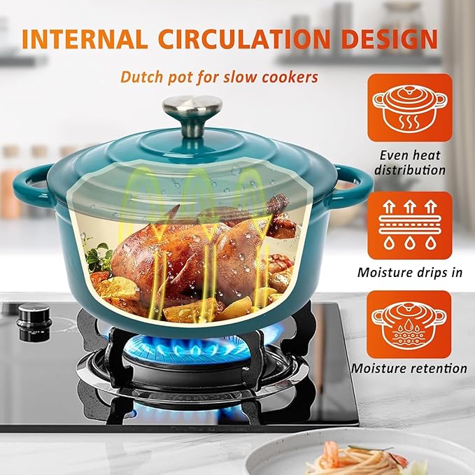 Hisencn Enameled Cast Iron Cookware Set - 7 Piece Dutch Ovens Set, Sauce Pan, Skillet, 3 Lids, Pots and Pans Set, Ceramic Coated Cast Iron, Heavy Duty, Gas/Induction Compatible, PFA Free