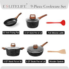 ESLITE LIFE Nonstick Cookware Sets, 9 Pcs Granite Coating Pots and Pans Set Kitchen Cooking Set, Compatible with All Stovetops (Gas, Electric & Induction), PFOA Free, Black