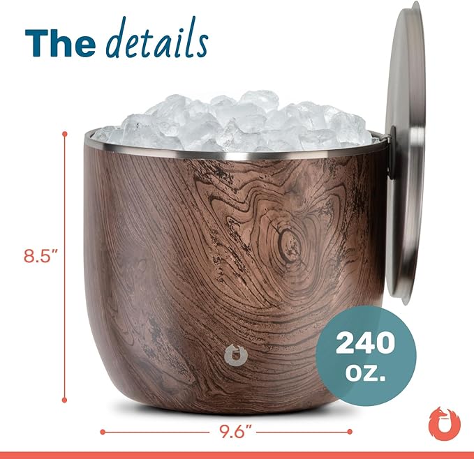 Snowfox XL - Insulated Ice Bucket with Lid/Scoops, Premium Vacuum Insulated Stainless Steel Ice Buckets for Parties, Ice Box, Home Bar Accessories, Parties Supplies, Bar Decor, 7L, Dark Walnut