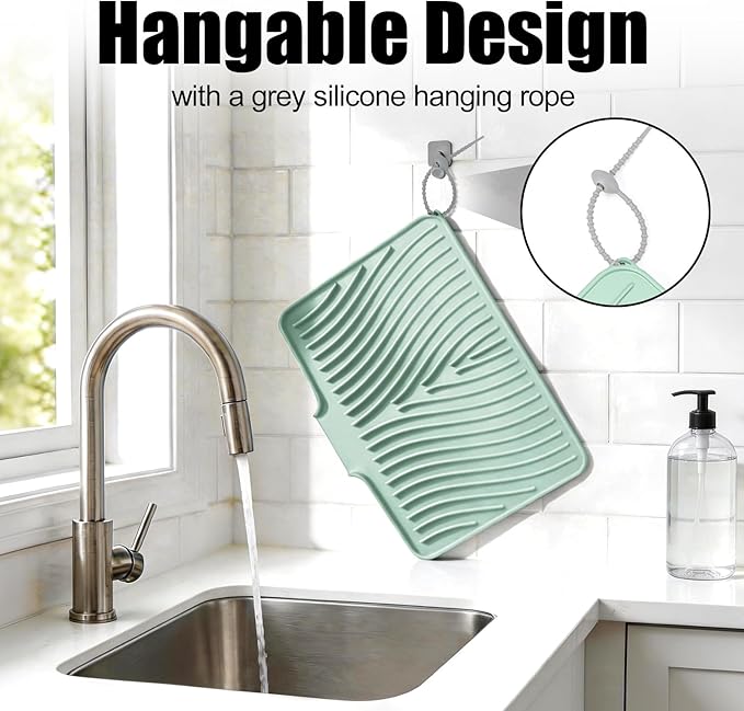 TIKNIK Silicone Dish Drying Mat, Stone Drying Mat for Kitchen Counter with Built-In Drain, Non-Slip Drain Pad with Built-in Drain, Heat Resistant Stone Drying Mat, Hangable, Mint-1pcs, 16" x 12"
