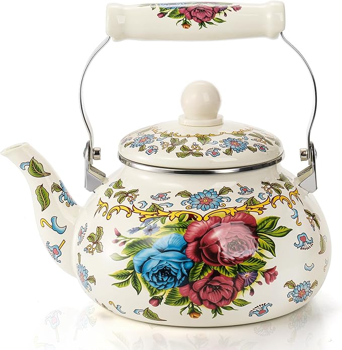Fasmov 2.5L Enamel Teapot, Large Porcelain Enameled Teakettle, Floral Colorful Tea Kettle with Handle for Stovetop, Retro Steel Teapot for Hot Water, No Whistling