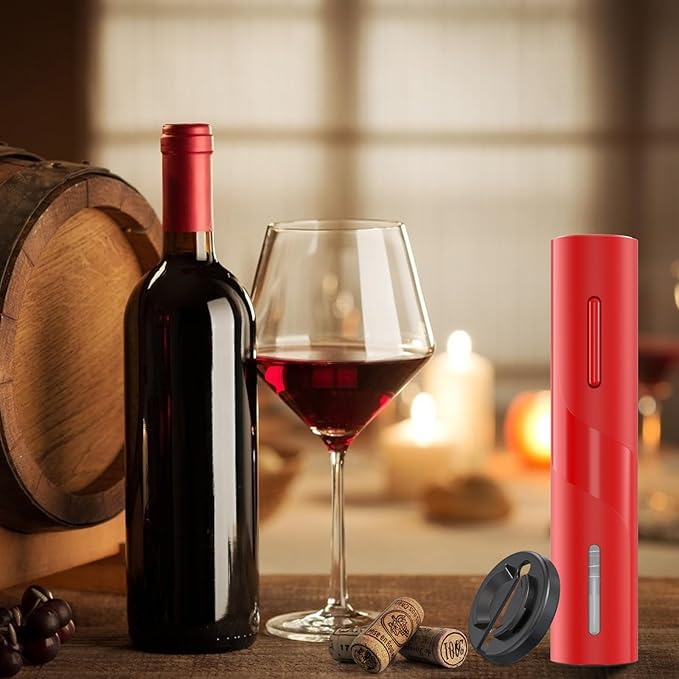 COKUNST Electric Wine Opener, Reusable Cordless Wine Bottle Corkscrew with Foil Cutter, Battery Operated Wine Openers for Wedding Kitchen Party Home Red