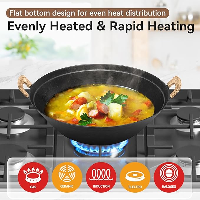 WANGYUANJI 15 Inch Cast Iron Wok with Wooden Lid and Spatula, Large Flat Bottom Double-Handle Chinese Stir Fry Pan, Uncoated for Induction, Gas and Electric Stoves