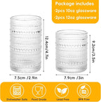 Moretoes 4 Pack Hobnail Drinking Glasses Set, 12 Oz Highball Glasses & 10 Oz Cocktail Glasses, Clear Embossed Water Glass Cups Kitchen Bar Tumbler Glassware Set for Whiskey, Beer, Juice, Milk