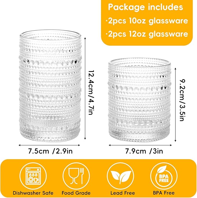 Moretoes 4 Pack Hobnail Drinking Glasses Set, 12 Oz Highball Glasses & 10 Oz Cocktail Glasses, Clear Embossed Water Glass Cups Kitchen Bar Tumbler Glassware Set for Whiskey, Beer, Juice, Milk