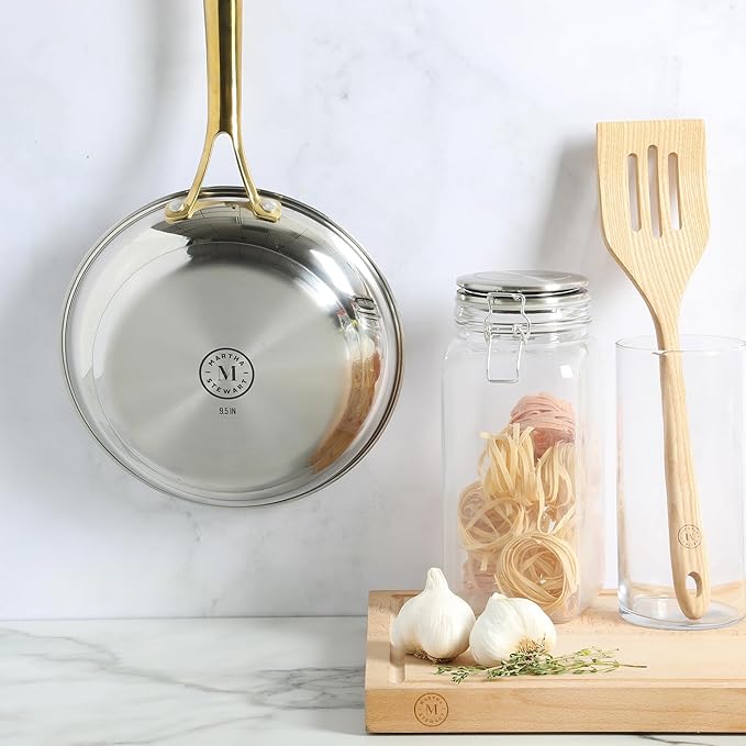 Martha Stewart Castelle 9.5-Inch Stainless Steel Frying Pan with Gold-Tone Handle – Tri-Ply Encapsulated Bottom, Oven Safe & Induction Safe Skillet for Searing and Sautéing