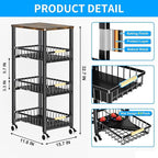 Fruit Vegetable Storage Basket for Kitchen, 4 Tier Large Pull-Out Metal Wire Baskets with 3 Pack Mats Bottom, Wood Top and Wheels, Vegetable Produce Bins Stand Cart Rack for Onions and Potatoes