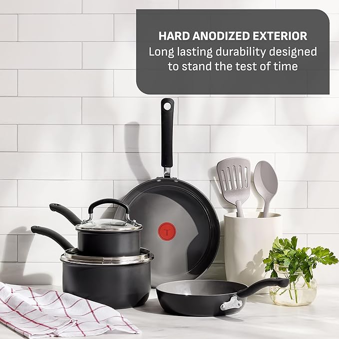 T-Fal Ultimate Hard Anodized Ceramic Nonstick 8 Piece Cookware Set, Oven Safe Up to 400°F, Dishwasher Safe, Pots and Pans Set, Includes Frying Pans, Saucepan, Cooking Utensils, Stone