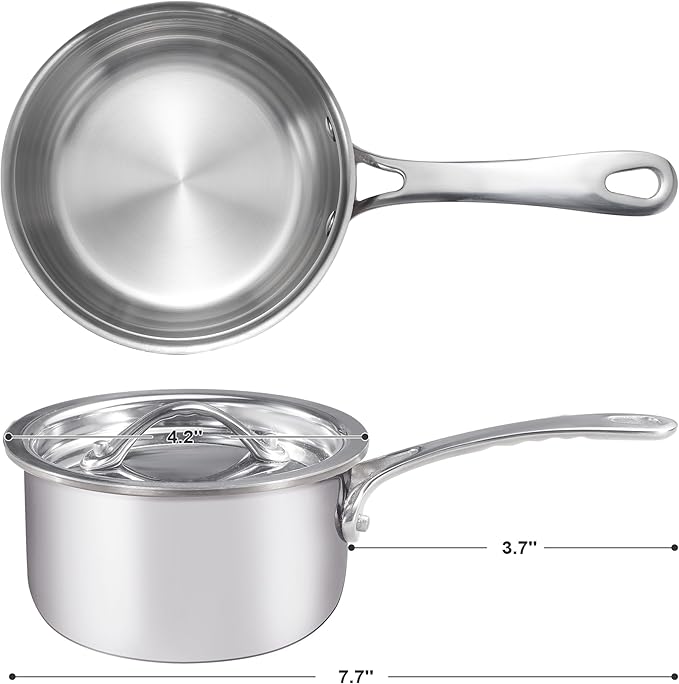 Mini Sauce Pan with Lid, Tri-Ply Stainless Steel Pot with Stay-Cool Handle & All Cooktop Compatibility (Gas, Ceramic, Electric) - Silver