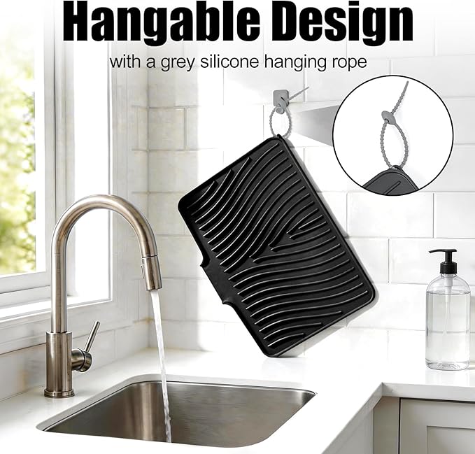 TIKNIK Silicone Dish Drying Mat, Stone Drying Mat for Kitchen Counter with Built-In Drain, Non-Slip Drain Pad with Built-in Drain, Heat Resistant Stone Drying Mat, Hangable, Black-1pc, 20" x 15"