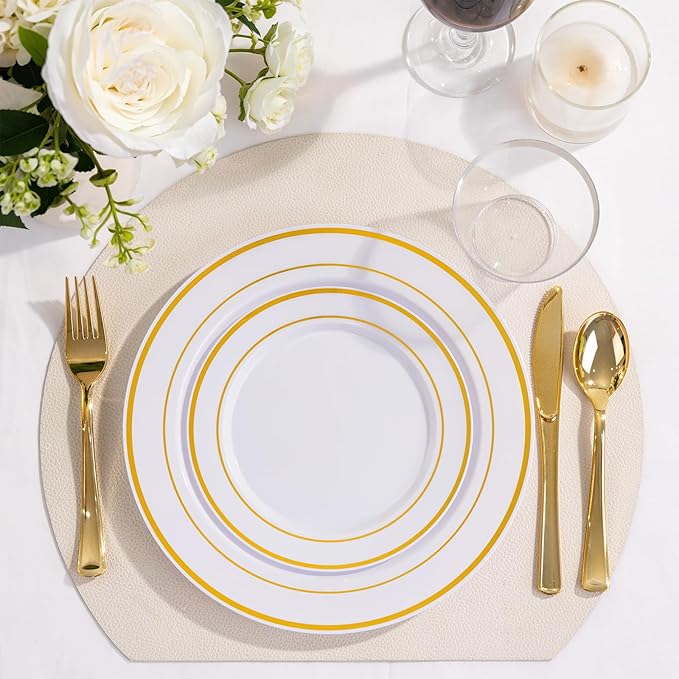 WELLIFE 450 PCS Gold Disposable Dinnerware Set for 75 Guests, 75 Each-Dinner & Salad Plates,Cups, Forks, Knives, Spoons for Wedding and Party Supplies