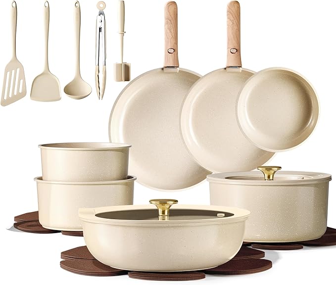CAROTE 22PCS Pots and Pans set Non Stick, Ceramic Cookware Set, RV Kitchen Cooking Set Removable Handles, Oven Safe, Induction Coolware, Non-toxic Kitchen Cooking Set, PFAS and PFOA Free