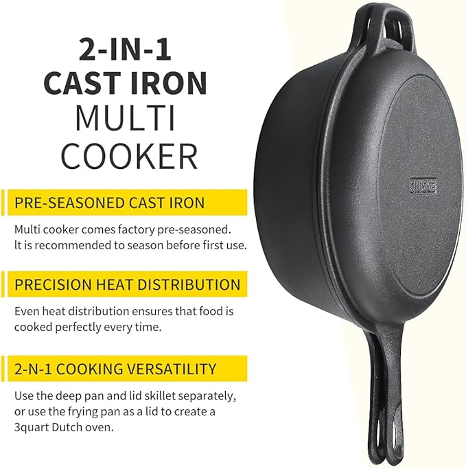 EDGING CASTING 2-in-1 Pre-Seasoned Cast Iron Dutch Oven Pot with Skillet Lid Set, 10" Skillet 3QT Pot for Cooking, Baking, Frying and Camping