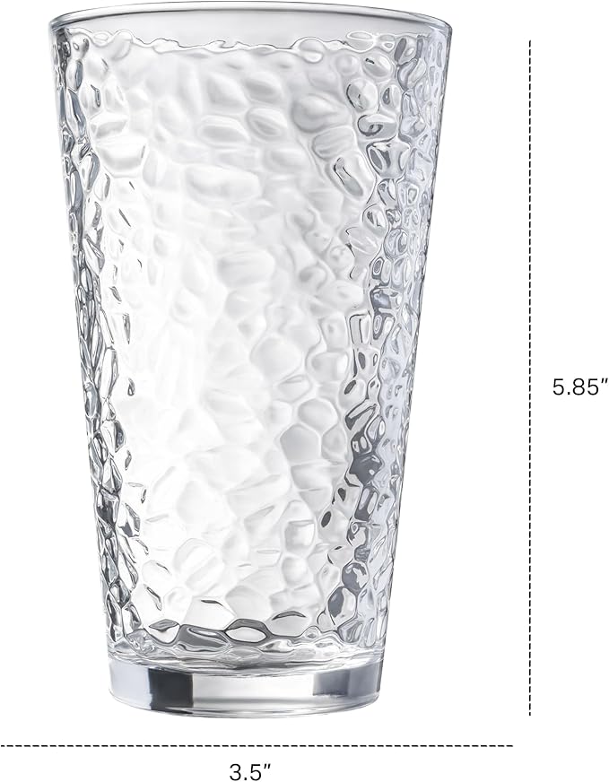Set of 10 Hammered Glass Cups, 16oz. Dishwasher Safe Cocktail Drinking Glasses - Clear Heavy Base Stemmed Water Glasses, Tall Beer Glasses, Bar Glass, Juice, Iced Tea, Margarita, & Everyday Drinks.