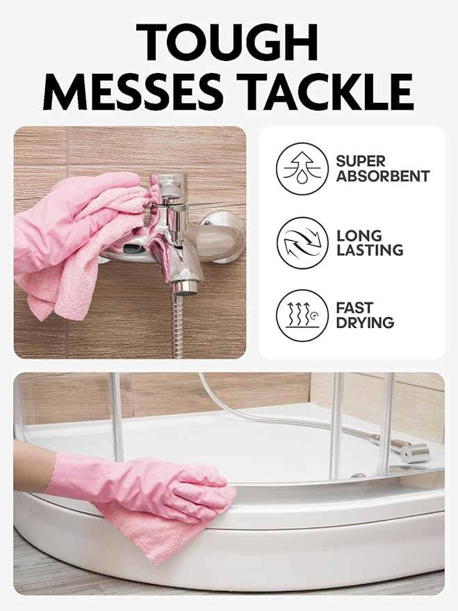 Fantasticlean Microfiber Cleaning Cloth Roll -150 Pack, Tear Away Microfiber Towels, 12" x 12", Reusable, Washable, Ultra Absorbent Dishcloth for Home Supplies, Car, Pet, Kitchen (Pink & Grey)