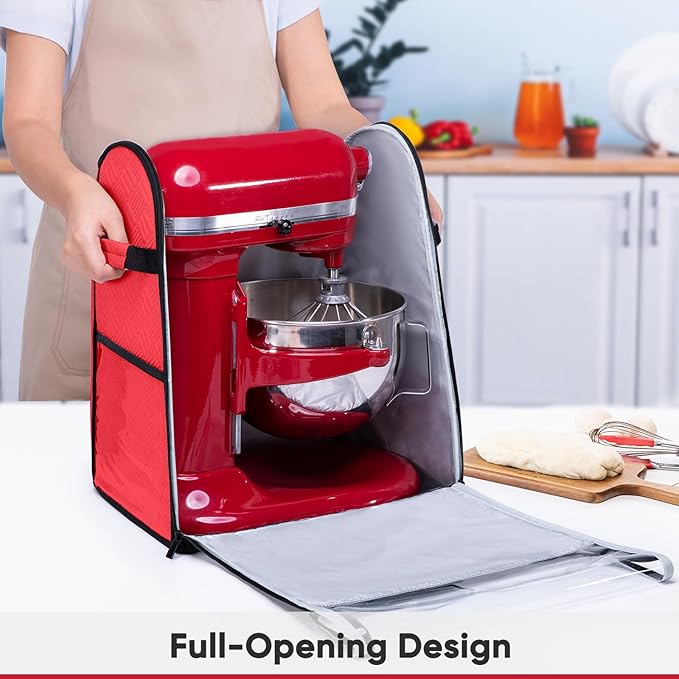 BAGSPRITE Full Open Stand Mixer Cover with Slider Base Compatible with KitchenAid 6-8 Qt Bowl-Lift Mixers – Dustproof Quilted Kitchen Aid Mixer Cover with Pockets for Accessories & Attachments