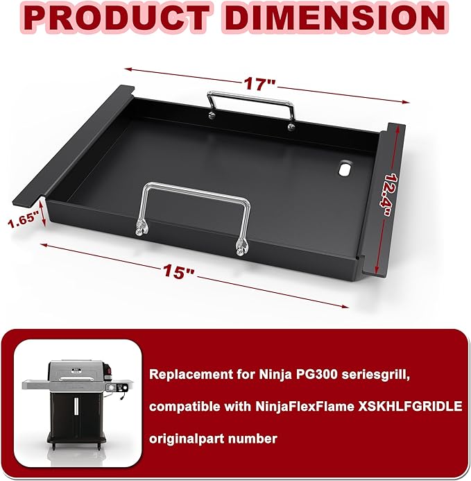 Half Size Griddle for Ninja Grill Replacment Parts,Griddle Plate for Ninja FlexFlame PG300 Grills, Carbon Steel Griddle Insert Compatible with Flex Flame Griddle Plate Part XSKHLFGRIDLE