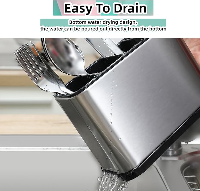 Utensil Holder,Stainless Steel Caddy Counter,Spoon holder,4 Compartments Silverware Caddy,Capacity Flatware Spoon Fork Tool Cutlery Holder（Silvery）