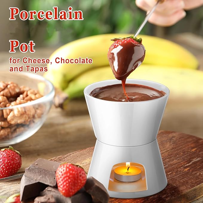 Mudder 2 Pieces Fondue Mug Ceramic Pot and 8 Pieces Forks Set for Melting Chocolate, Cheese, Broth Or Tapas On Valentine's Day, White