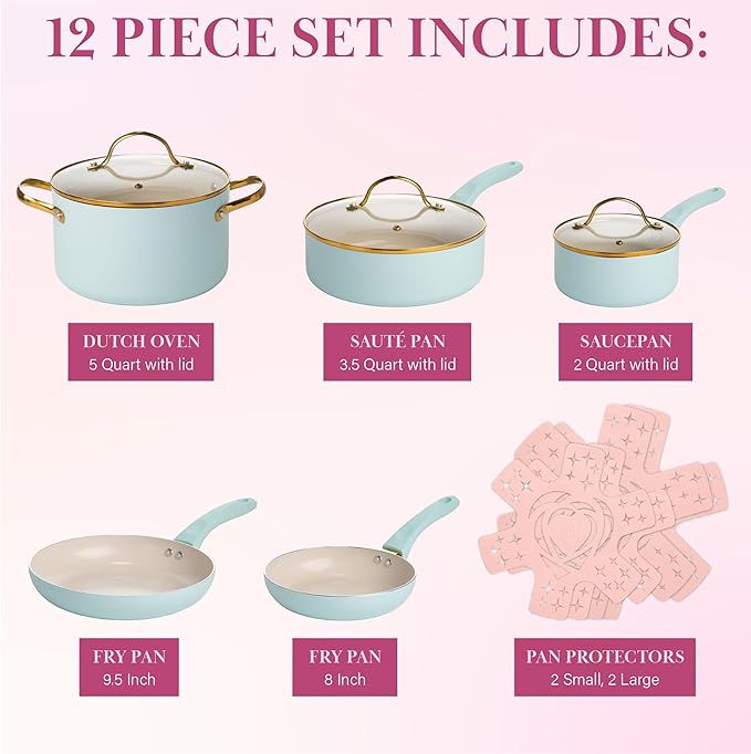 Paris Hilton Epic Nonstick Pots and Pans Set, Multi-layer Nonstick Coating, Tempered Glass Lids, Soft Touch, Stay Cool Handles, Made without PFOA, Dishwasher Safe Cookware Set, 12-Piece, Aqua