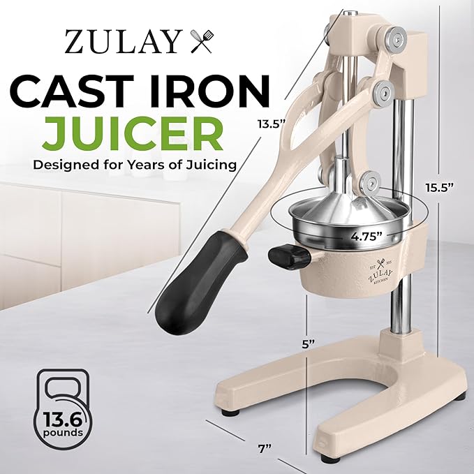 Zulay Kitchen Cast-Iron Orange Juice Squeezer - Heavy-Duty, Easy-to-Clean, Professional Citrus Juicer - Durable Stainless Steel Lemon Squeezer - Sturdy Manual Citrus Press & Orange Squeezer (Cream)