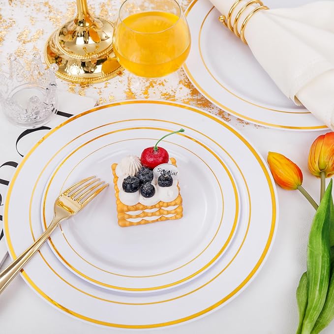 I00000 60 Pieces Gold Plastic Plates, Heavy Duty White and Gold Plastic Plates for 30 Guests Include: 30 Gold Rim Dinner Plates and 30 Gold Dessert Plates Perfect for Wedding, Party & Mother's Day