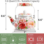 DEAYOU 2.6 Quart Enamel Tea Kettle Stovetop, Large Porcelain Enameled Teakettle, 2.5L Vintage Tea Pot with Ceramic Cool Handle, Colorful Floral Steel Teapot for Hot Water, Retro Decor, No Whistling