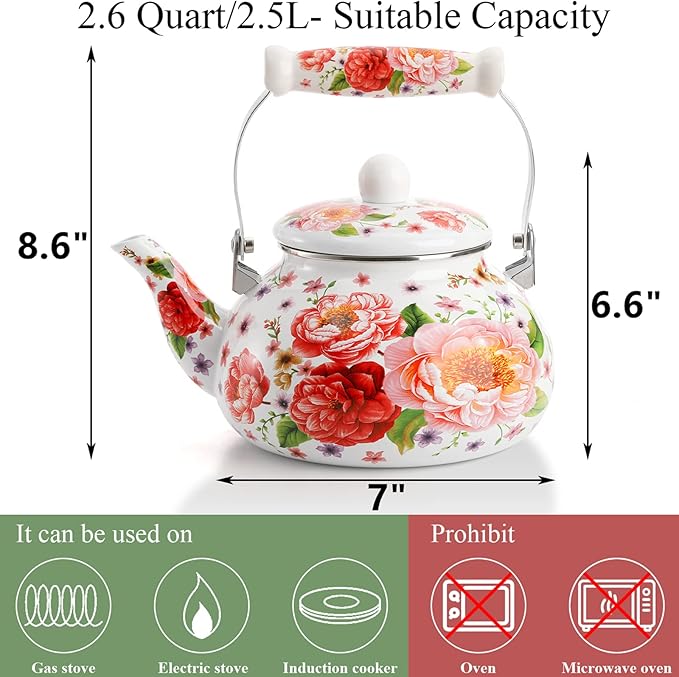 DEAYOU 2.6 Quart Enamel Tea Kettle Stovetop, Large Porcelain Enameled Teakettle, 2.5L Vintage Tea Pot with Ceramic Cool Handle, Colorful Floral Steel Teapot for Hot Water, Retro Decor, No Whistling