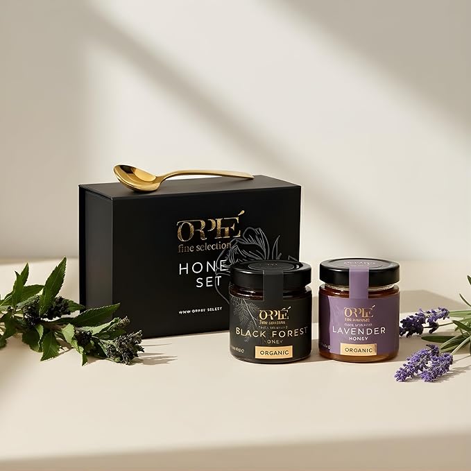 Orphe Luxury Organic Honey Gift Set, Lavender & Forest with Gold-Plated Spoon, Raw Bulgarian Honey Gift Box, Natural Sweetener for Coffee, Tea, Matcha and Breakfast