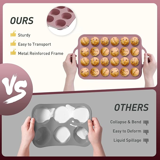 24 Cups Silicone Muffin Pan with Metal Reinforced Frame Cupcake Tray Egg Mold for Kitchen 2025 First Apartment Essentials New Home Must Haves Things House Warming Decor Housewarming Hostess Host Gifts