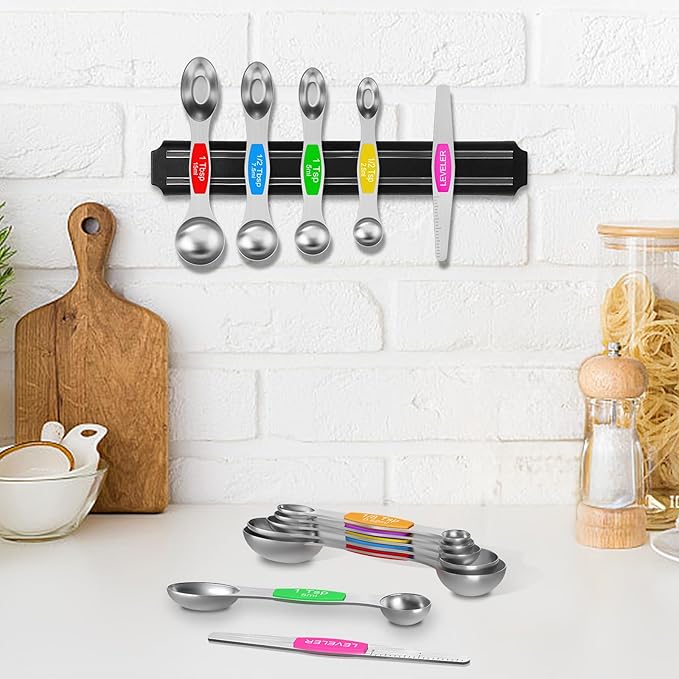 Magnetic Measuring Spoons Set - Wildone Stainless Steel Double Sided Measuring Spoons Set of 7, for Dry and Liquid Ingredients, including 6 Heavy Duty Nesting Spoons, 1 Leveler, Fits in Spice Jar