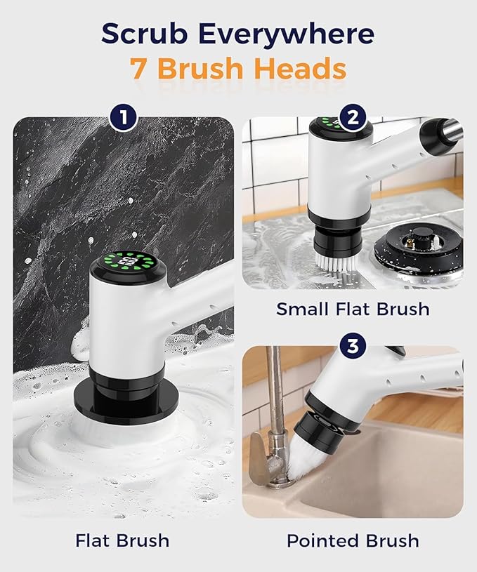 Electric Spin Scrubber, Cordless Cleaning Brush, Bathroom Shower Scrubber with 7 Replaceable Brush Heads, 2 Adjustable Speeds, Extension Handle, IPX7 Waterproof for Tub Tile Floor Car, White-o2.