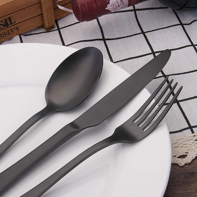 Matte Black Silverware Set,SHARECOOK Satin Finish 30-Piece Stainless Steel Flatware Set,Kitchen Utensil Set Service for 6Tableware Cutlery Set for Home and Restaurant, Dishwasher Safe
