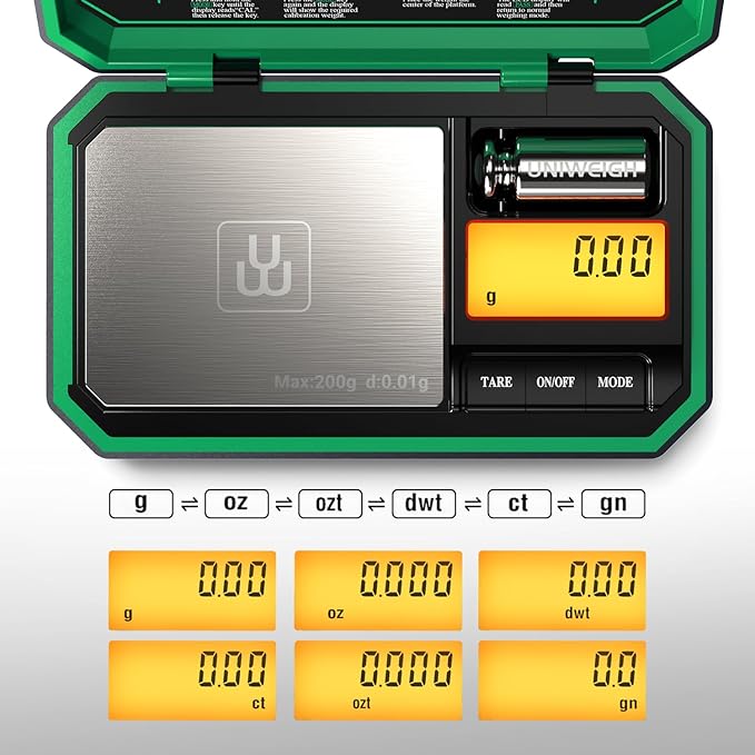 UNIWEIGH Digital Pocket Scale Precision 200g/0.01g, Digital Scale Grams Ounces, Mini Jewelry Scale, Coins Scale with 50g Cal Weights for Gold/Silver/Gems/Food,(Battery Included)-Green