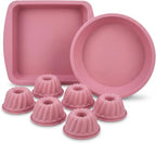 Platinum Silicone Baking Molds Set (8pc) - 100% Fumed Silica Non-Stick - Square Pan, Round Dish & 6 Mini Bundts - BPA Free, Pinch Test Passed, Oven Safe 446°F (Dusty Rose)