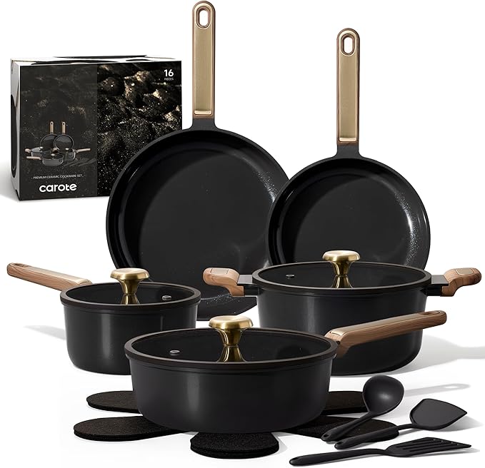 CAROTE Ceramic Cookware Set Nonstick, 16pcs Pots and Pans Set Nonstick, Non-Toxic & PFAS-Free, Dishwasher, RV/Camping Cookware Set, Cooking Pots with Lids, Charcoal Black