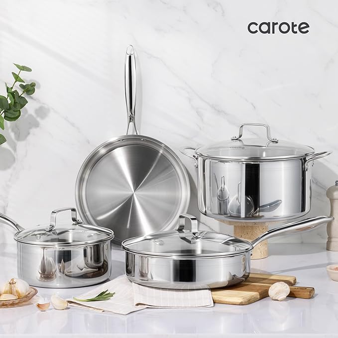 CAROTE 21pcs Tri-Ply Stainless Steel Cookware Set, Pots and Pans Set, Non Toxic Induction Kitchen Cooking Sets, Cookware Collection, Mirror Polish, Silver