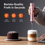 FoodVille MF02 Rechargeable Milk Frother Handheld Foam Maker with Stainless Whisk for Cappuccino, Latte, Bulletproof Coffee, Keto Diet, Protein Powder, Matcha (Coral Pink)
