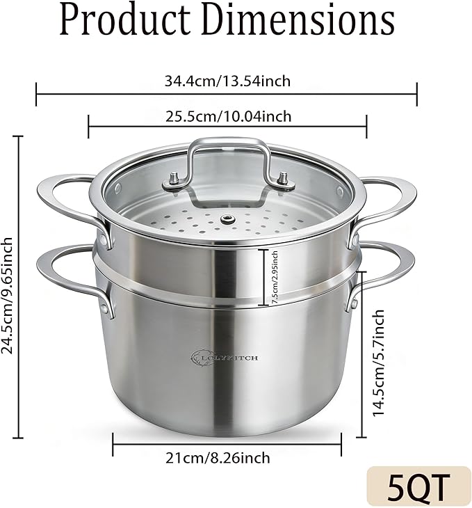 LOLYKITCH 5 Quart Stainless Steel Steamer Pot with Glass Lid, 3-Ply Steaming Pot for Cooking, 2 Tier Induction Steamer Pot for Tamales Seafood Vegetables Dumplings Stock Pot, Thick