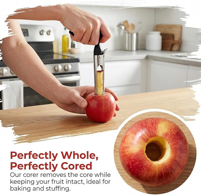 Apple Corer Tool, Stainless Steel Apple Corer Remover, Apple Core Remover, 2-in-1 Apple Corer and Slicer with Easy Push Core Release, Ergonomic Non-Slip Handle, Dishwasher Safe