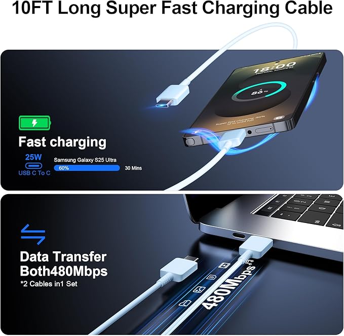 Super Fast Charger Type C, 25W USB C Wall Charger Fast Charging for Samsung Galaxy S25 Ultra/S25/S25+/S24+/S24 Ultra/S24/S24+/S23 Ultra/S22 Ultra/S21 Ultra with 10FT Long Type C Charger Cable 2Pack
