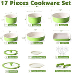 SENSARTE 17 Piece Ceramic Pots and Pans Set, Nonstick Detachable Handle Cookware, Induction Kitchen Cookware Set with Removable Handle, Dishwasher ＆ Oven Safe (Green)