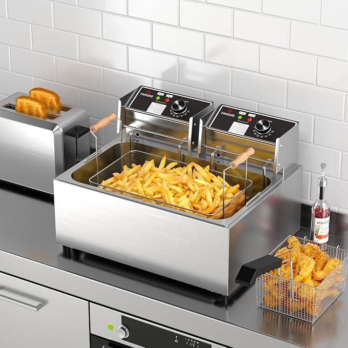 TANGME Commercial Deep Fryer, 3400w Electric Countertop Fryer with 3 Baskets, 22L/23.25Qt 1mm Thickened Stainless Steel Oil Fryer with Temperature Limiter for Restaurant, UL Certified