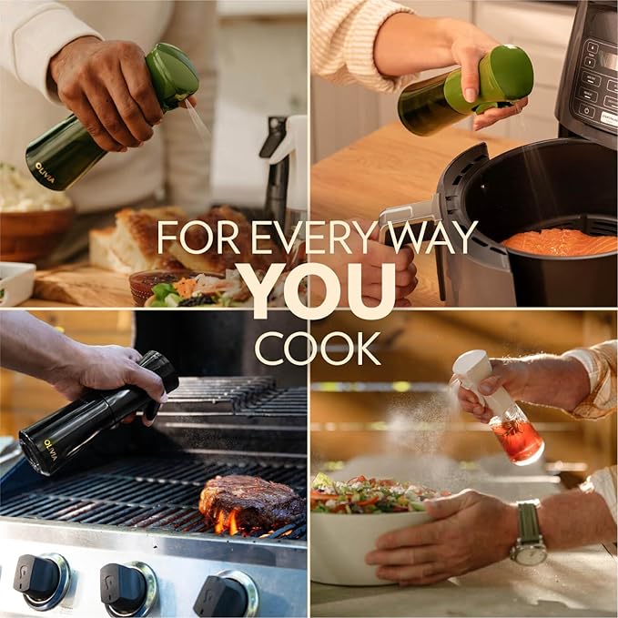 FLAIROSOL OLIVIA SIGNATURE Advanced Kitchen Oil Sprayer Technology, Fine Mist & Portion Control, Refillable Glass Cooking Spray Bottle, Anti-Drip & Leakproof, Air Fryer, Salad, BBQ, 200ml (Black)